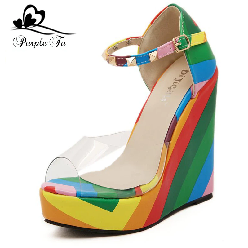 rainbow wedge heels