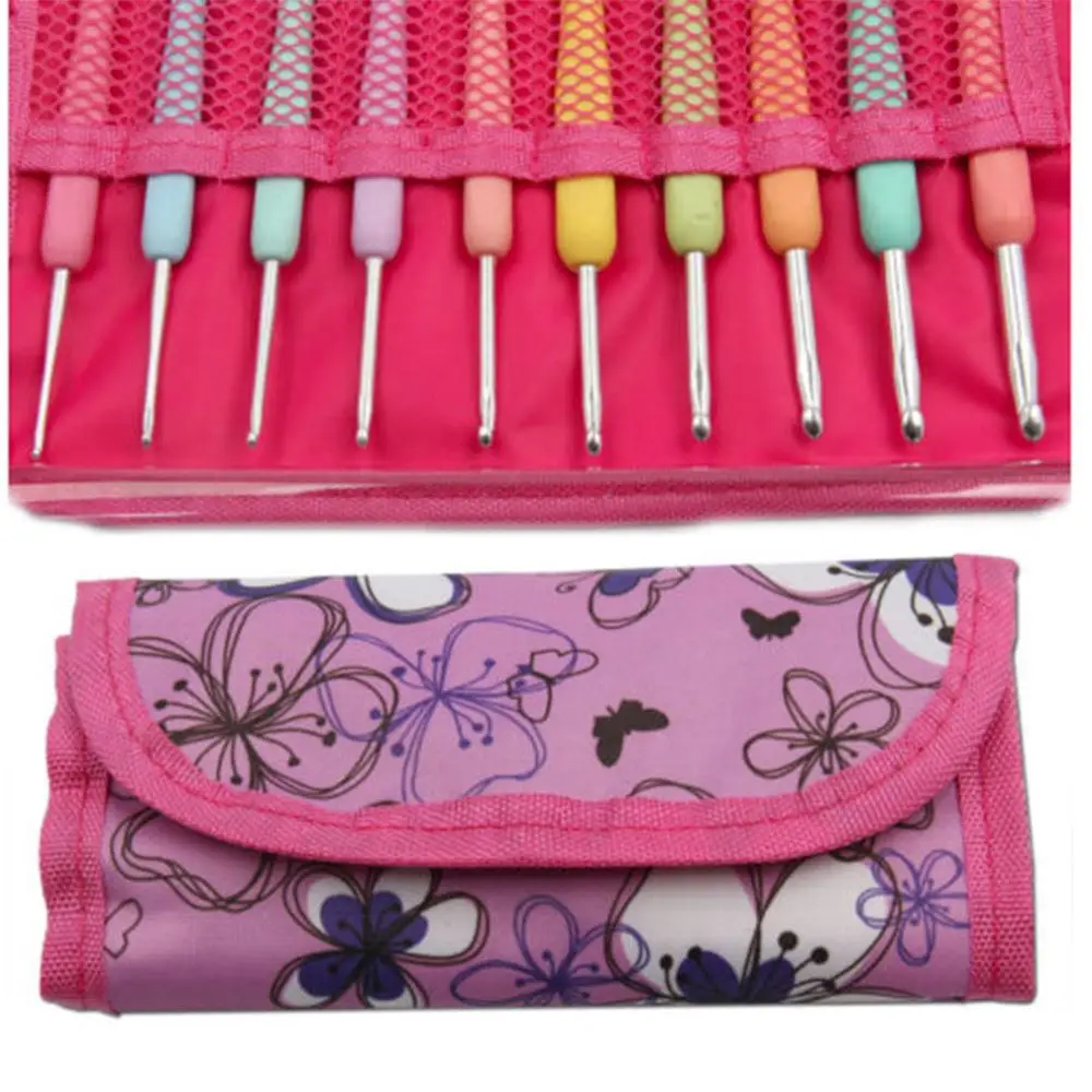 Brand New 10 Pcs Sizes 2.0mm-6.0mm New Colorful TPR Soft Handle Aluminum Crochet Hooks Knitting Needles Set Hot Sale