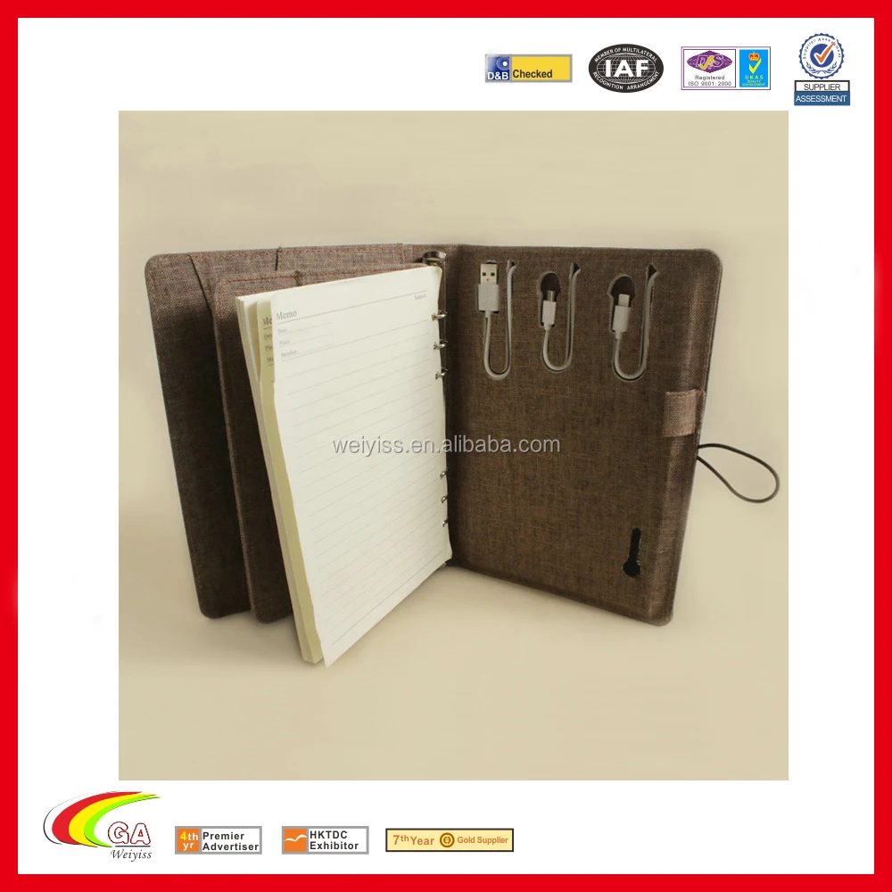 2018 fashion retro linen a5 notebook with 8000mah power bank and