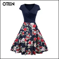 OTEN-Rockabilly-dress-2018-Summer-Women-Cap-Sleeve-Front-Ruched-V-Neck-Pocket-Floral-Printed-pleated