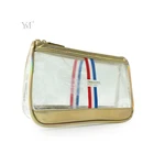 horizontal square large clear bag with gold zipper,luxury gold color cosmetic bag for makeup