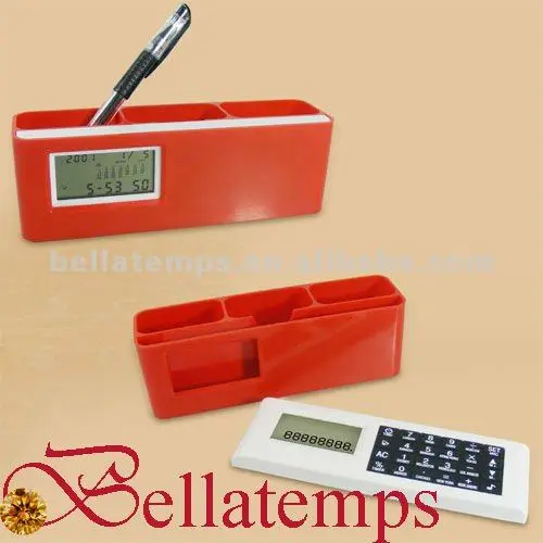 Pen holder clock with calculator