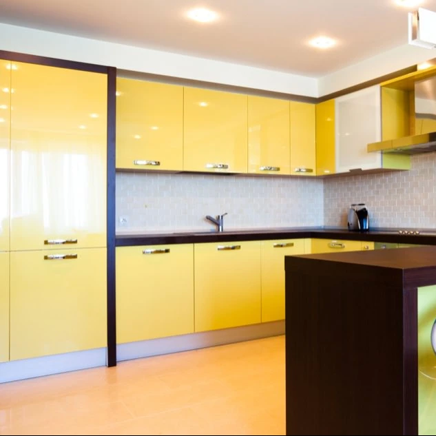 Modern White And High Gloss Vinyl Wrap Yellow Door Kitchen Cabinet