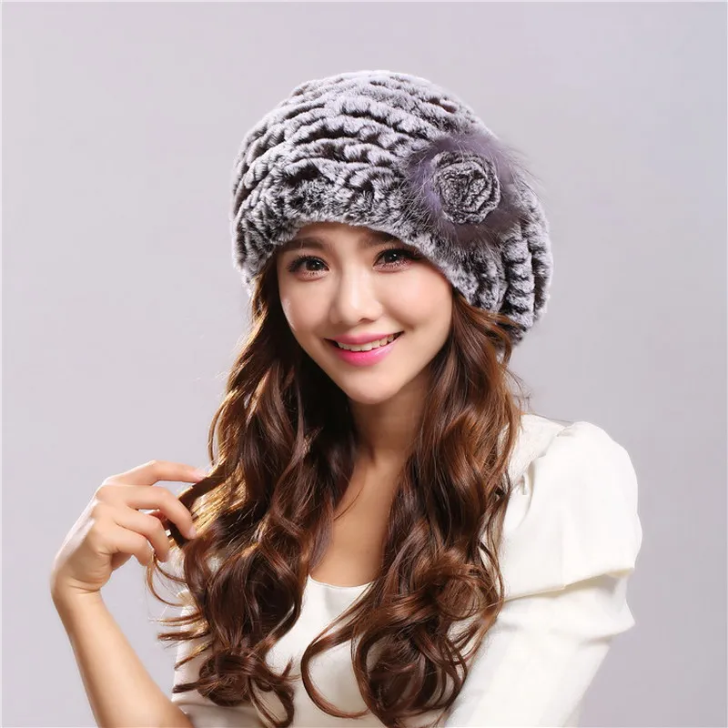 Winter Hat  Women's Genuine Rex Rabbit Fur Hats Beanies Warm Casual Female Knitted Natural Fur Hat Caps  (26)