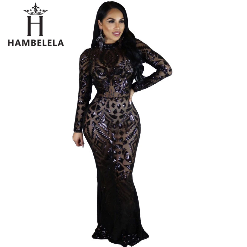 Euramerican Style Sequin Maxi Dress Vestidos Sexy Vintage Round Neck Long Sleeve Sheath Floor Length Bodycon Club Dress (8)