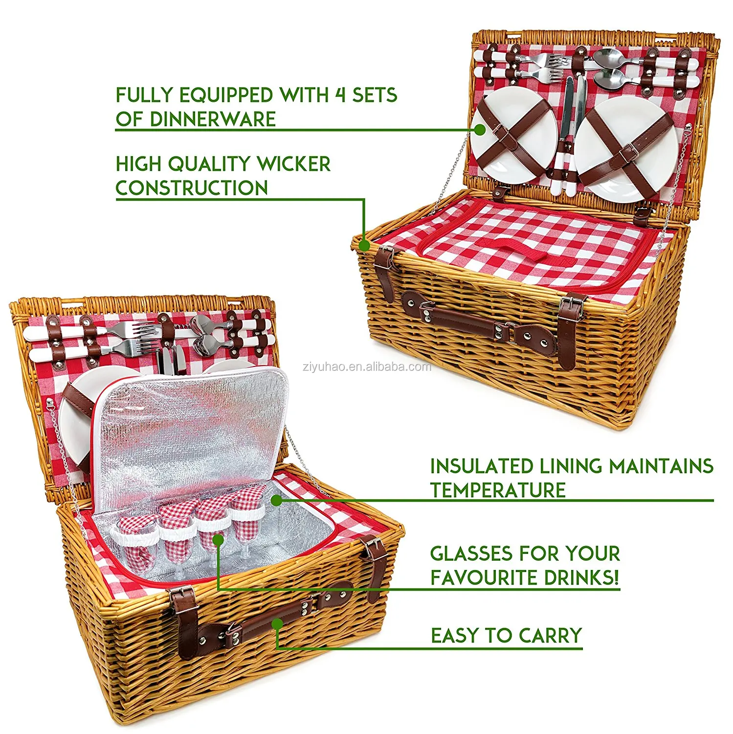 insulated 4 person wicker hamper - premium set with plates, wine