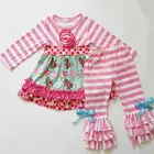 Boutique girl clothing fall striped floral icing dress girls dresses with flower striped bowknot ruffle pants baby outfit