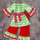 Long sleeve ruffle clothes have print waves and ruffle trousers little girl christmas colthing set