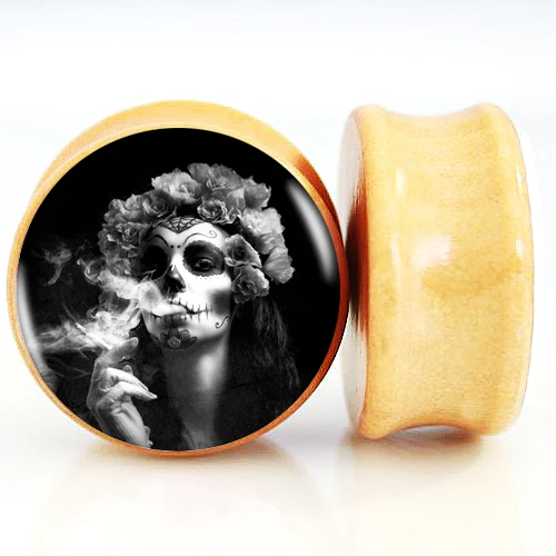 2pcs/Lot Pair of Nature Wood Ear Plugs Fit Ear Gauges Plugs - Smoking Day Of Dead Girl Sugar 6MM-25MM 2G-1''