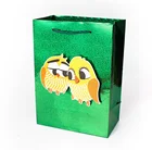 Fashionable shinny glossy green color holographic paper bag with birds design and rope handle