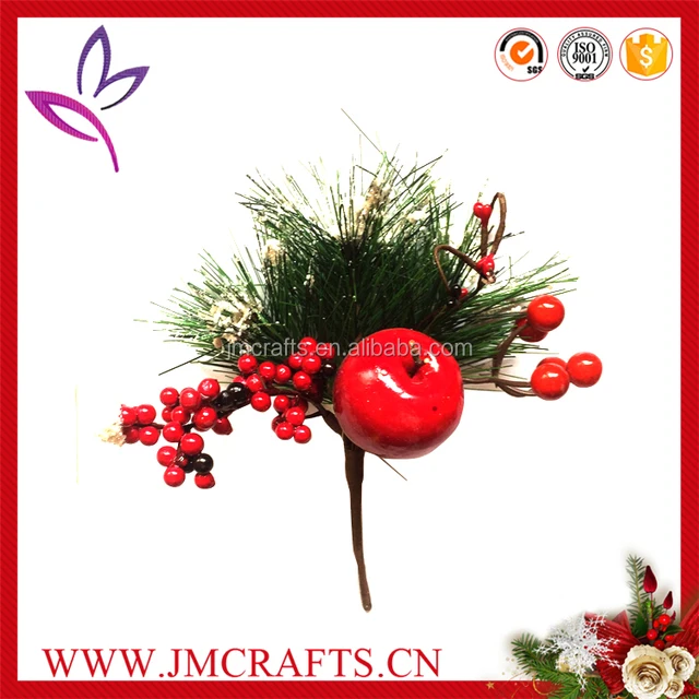 decorative pine needle christmas picks with red berry and apple