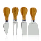 4 Pieces Set Bamboo Wood Handle Cheese Knives Steel Stainless Cheese Slicer Cutter Set