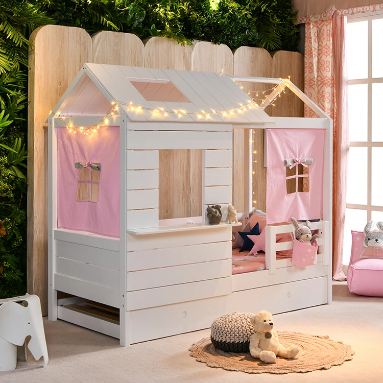 2018 غرفة نوم بنات خشب متين لونا إخفاء منزل للأطفال سرير بإطار مع درج وخيمة زهرة