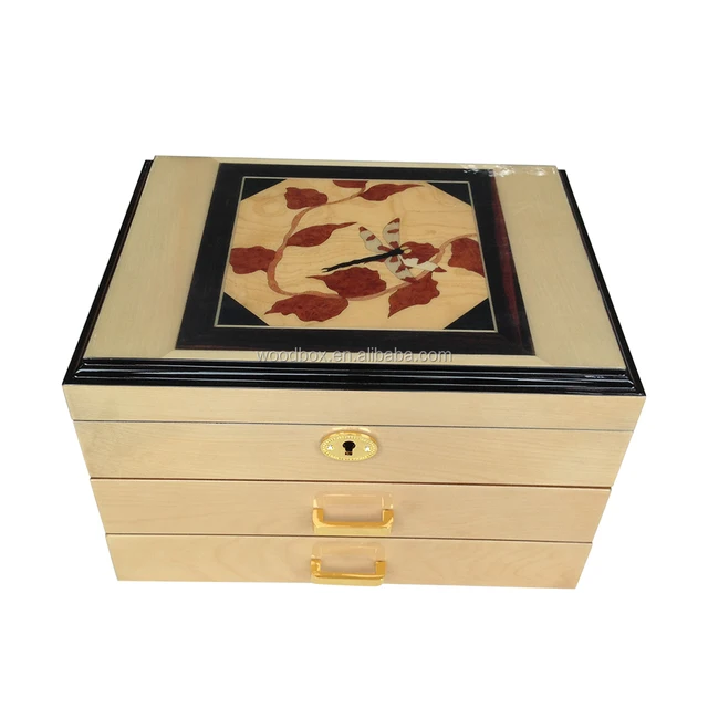 large wooden gift box inlay packaging box with lock and drawer