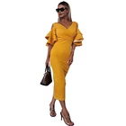 Hot selling long dresses women party sexy bandage ruffle sleeve maxi dress