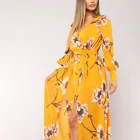 Guangzhou Factory Design Autumn Winter Casual Yellow V Neck Long Sleeve Maxi Dress Women With High Split