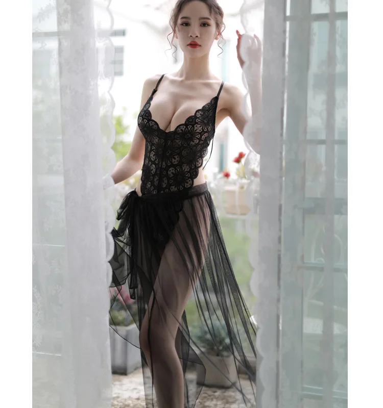 Japan Sexy Lingerie For Women Long Lace Dress Sheer Gown See Through