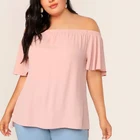 factory oem plus size flutter sleeve split side dip hem plain off shoulder womens short sleeve tops