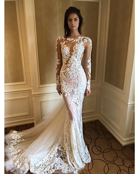 Sexy See Through Long Sleeve Wedding Dress Mermaid Lace Floral