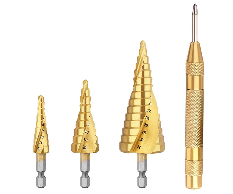 3Pcs Metric Hex Shank Spiral Flute Titanium HSS Step Drill Bit Set  with Automatic Punch in Nylon Bag