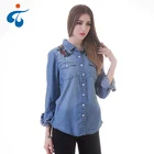 Comfortable woven tencel blue ladies denim shirt with embroidered