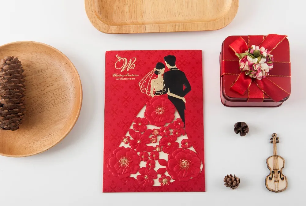 wholesale chinese luxury red wedding invitation card bride and