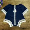 BOHO chic newborn girls navy bodysuit solid tassel ethnic sunsuit infant baby pom pom romper