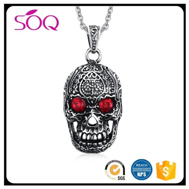 Wholesale new style men punk stainless steel skull skeleton red zircon pendant jewelry bijoux necklace