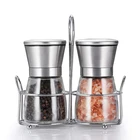 Manual mini kitchen ceramic bottle salt pepper mill grinder set with metal stand
