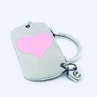 Shinny silver and fill pink enamel dog tag name tag key chain with keyring