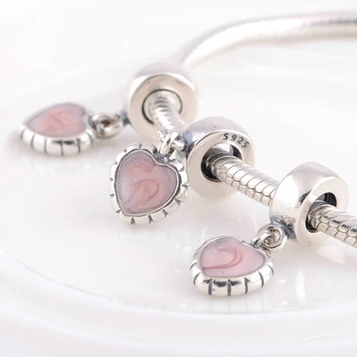 Fit Pandora Charms Bracelet 925 Sterling Silver Original Bead Floating Pink enamel Love heart Women Charm DIY Jewelry