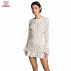 Women Scoop neck lace long sleeves prom mini dress