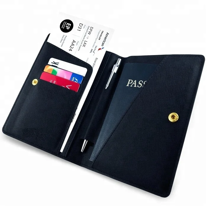 محفظة رحلات جلدية PU وغطاء حامل جواز السفر يحمل بشكل آمن بطاقات الأعمال وبطاقات الائتمان وتمريرات الصعود والملاحظات