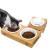 Pet Food Bowl Cat shape Wooden Stand Bamboo Stand With Ceramic Bowl for Small Animal Puppy and Cat