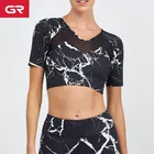 Moisture Wicking Short Sleeve Fitness Crop Top Marble Sublimation Printed Women Gym Clothing