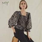 Square collar printed ruffle blouse for women puff sleeve leopard shirred top