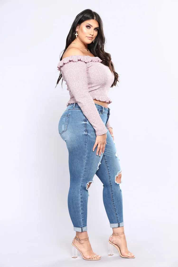 Stretch Fabric Stock Lot Plus Size Denim Womens Ripped Jeans