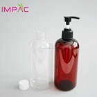 Boston round amber PET 16oz plastic bottle with pump dispenser for shampoo