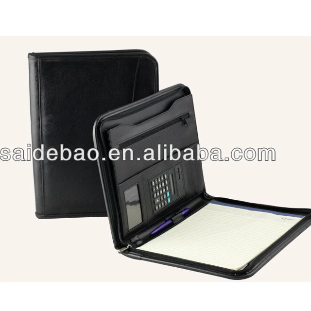 A4 Leather portfoilio case with card holder and magnetic closure,calculator