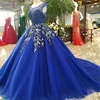 LS31219 blue sleeveless long train dresses evening appliques ball gown prom party girl dress