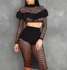 Runwaylover 5752 O Neck Long Sleeved Lace Top And Knees Skirt Two Piece Set Fashion Sexy Black Mesh Night club Women Clothing
