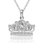 SJ Unique Design Princess Crown 925 Sterling Silver Plated Pave White Cubic Zirconia 18 Inches Chain Silver Crown Necklace