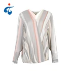 Latest arrival twill cotton fabric long sleeve v neck loose striped blouse elegant women