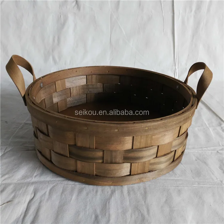 wholesale outdoor wood chip woven picnic food basket with handle