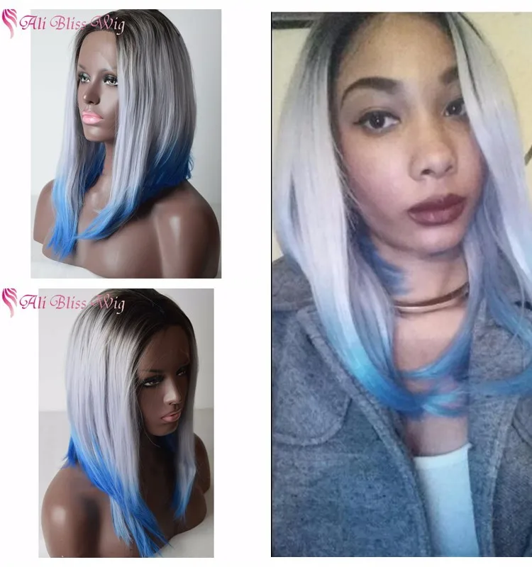 Fashionable Heat Resistant Three Tone Color Dark Roots Ombre Grey Blue Synthetic Fiber Hair Short Bob Lace Front Wig For Women Buy Ombre Grey Blue