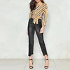 OEM ODM Service Autumn Winter Casual Cropped Silhouette V Neck Ladies Women Striped Top With Sashes