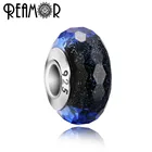 REAMOR 925 Sterling Silver Blue Starry Sky Pink Green European Murano Glass Bead For DIY Bracelet Bangle Jewelry