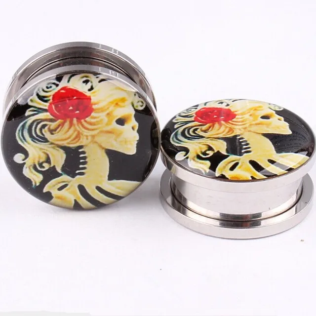 Sugar Skull Surgical Steel Ear Tunnel Plug Expander Strecher Piercing Earrings