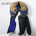 New 2018 Winter Indoor Rabbit Slides Ladies Trim Real Parka Coat With Big Fur Hood