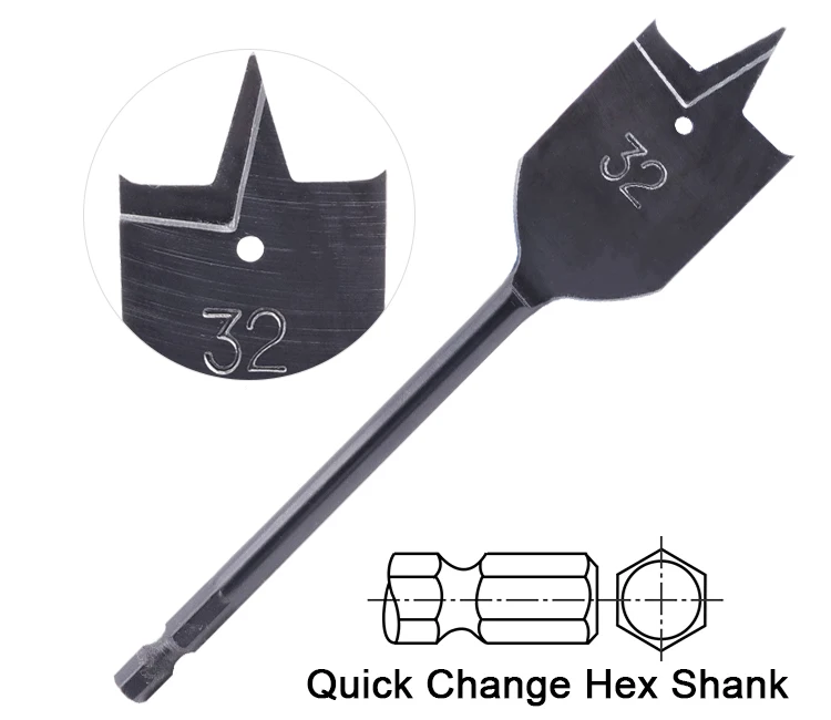 Black Oxide Hex Shank Tri-Point Flat Wood Spade Drill Bit with Cutting Groove